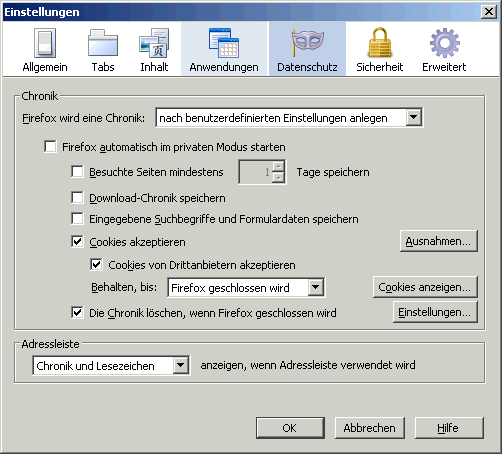 Cookies akzeptieren - Cookies von Drittanbietern akzeptieren, Behalten, bis: Firefox geschlossen wird